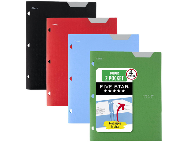 2-Pocket Plastic Folder with Stay-Put Tabs, Fits 3-Ring Binder, Holds 8.5' x 11' Paper, Assorted Colors, 4 Pack (333420A)