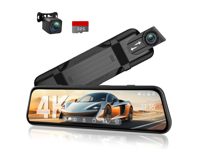 4K Rear View Mirror Camera, 10'' 4K Mirror Dash Cam with 1080P Backup Camera, Dash Cam Front and Rear for Car with Voice Control, 24H Parking Mode,...