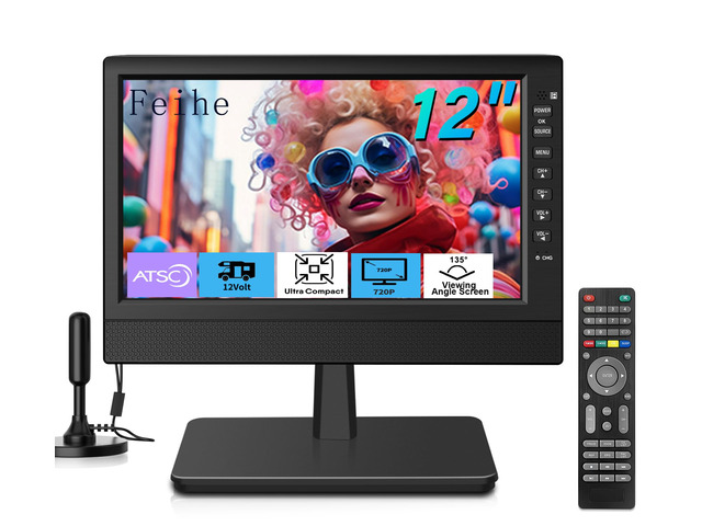 12 Inch Small TV, Portable TV with HD Display, Antenna,HDMI,AV,USB Ports, Built-in Digital Tuner and Compact Design for Kitchen, RV, and Travel