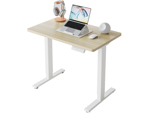 32x19 Inch Small Electric Standing Desk, Adjustable, Light Walnut 176 Lbs Capacity, Rounded Corners, Wheel-Ready Feet, Compact Desktop, Apartment...