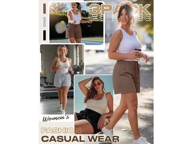 Evervibe 3 Pack Plus Size Women's Drawstring Sweat Shorts Athletic Workout Comfy Lounge Shorts with Pockets