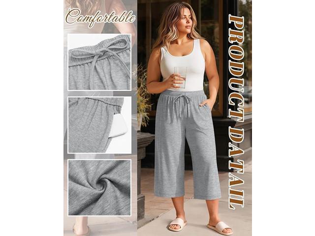 Evervibe 3 Pack Womens Plus Size Capri Pants Wide Leg Casual Elastic Waist Crop Pants Loose Fit Yoga Sweatpants with Pockets