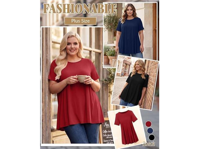 Evervibe 3 Pack Women's Plus Size Tunic Top Short Sleeve Long Shirts Summer Loose Fit Flowy Blouse Wear with Leggings