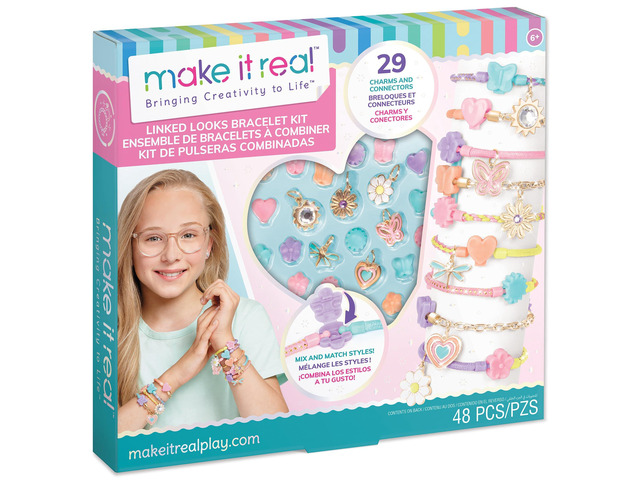 Make It Real: Linked Looks - 48pc DIY Bracelet Kit, Pastel Charms & Connectors, Mix & Match Styles, Cord Bracelet Jewelry Craft Set, Girls & Kids 6+