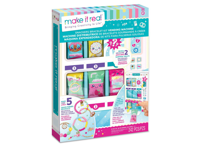 Make It Real: Snackers Bracelet Kit Vending Machine - Make 5 Snack-Themed Charm Bracelets, Pull Tab to Dispense The Jewelry Kit, Girls & Kids Ages 8+