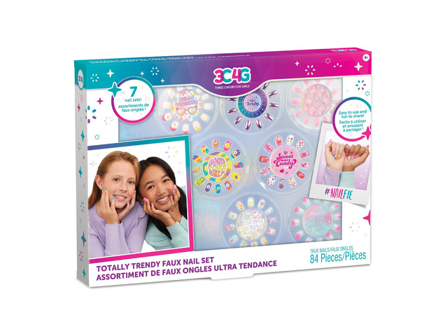 3C4G: Totally Trendy Faux Nail Set - 7 Nail Sets Each w/Unique Colors & Patterns, Adhesive Backs, Three Cheers for Girls, Girls & Tweens Ages 8+