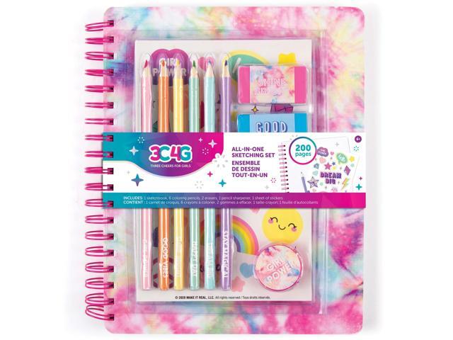 3C4G Tie Dye Pastel All-in-1 Sketchbook Set - Sketch Book for Kids with Pencils, Stickers & More - Drawing Kit for Kids - Unlined Diary for Girls -...