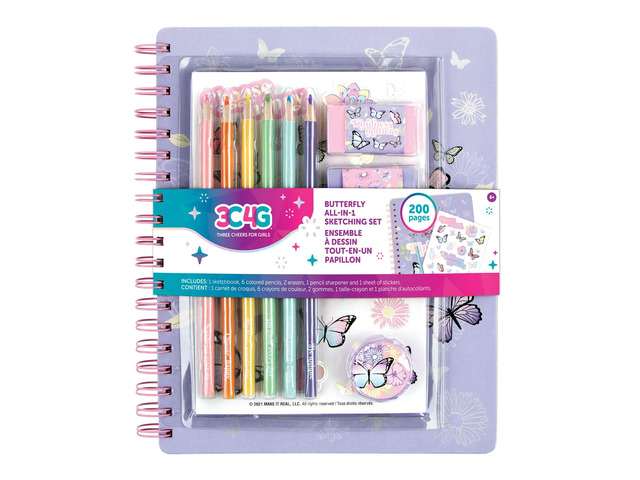 3C4G Butterfly All-in-1 Sketchbook Set - Girls Diary, Journal, Sketch Book for Kids with Pencils, Stickers & More - Drawing Kit for Kids - Unlined...