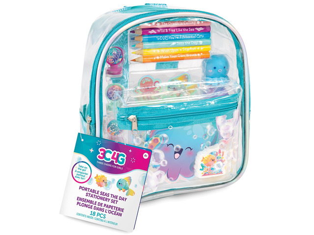3C4G: Portable Seas The Day! Stationary Set - 8' Mini Backpack Case, Ocean Themed, Stickers-Highlighters-Color Pencils-Stamps-Note Pad, Girls & Kids