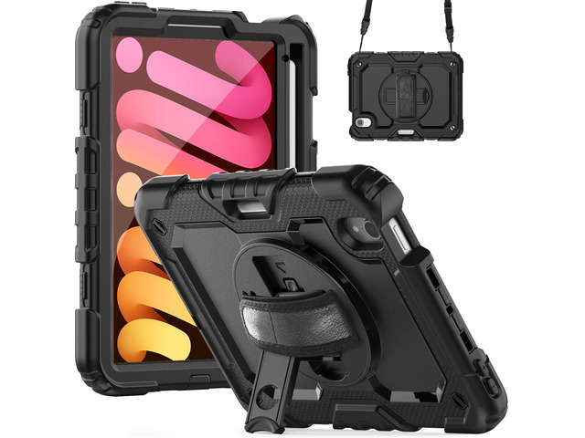 Heavy Duty Shockproof Case with Screen Protector, 360° Rotatable Stand & Hand/Shoulder Strap for iPad Mini7(A17 Pro 2024)/Mini6 8.3', (Black)