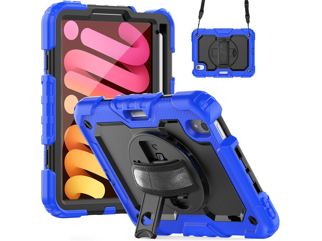 Heavy Duty Shockproof Case with Screen Protector, 360° Rotatable Stand & Hand/Shoulder Strap for iPad Mini7(A17 Pro 2024)/Mini6 8.3', (Blue)