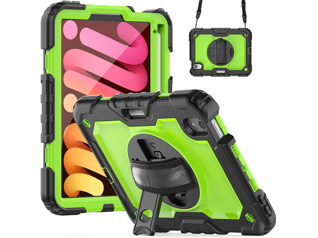 Heavy Duty Shockproof Case with Screen Protector, 360° Rotatable Stand & Hand/Shoulder Strap for iPad Mini7(A17 Pro 2024)/Mini6 8.3', (GreenPC)