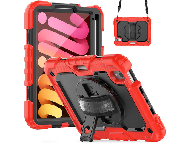 Heavy Duty Shockproof Case with Screen Protector, 360° Rotatable Stand & Hand/Shoulder Strap for iPad Mini7(A17 Pro 2024)/Mini6 8.3', (Red)