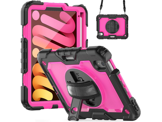 Heavy Duty Shockproof Case with Screen Protector, 360° Rotatable Stand & Hand/Shoulder Strap for iPad Mini7(A17 Pro 2024)/Mini6 8.3', (RosePC)