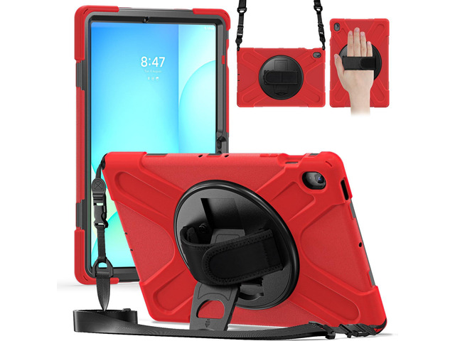 Shockproof Kids Case with Pencil Holder, 360° Rotating Hand Strap, Stand & Shoulder Strap for Samsung Galaxy Tab S10 FE+ 13.1' 2025 (X620/X626B), Red
