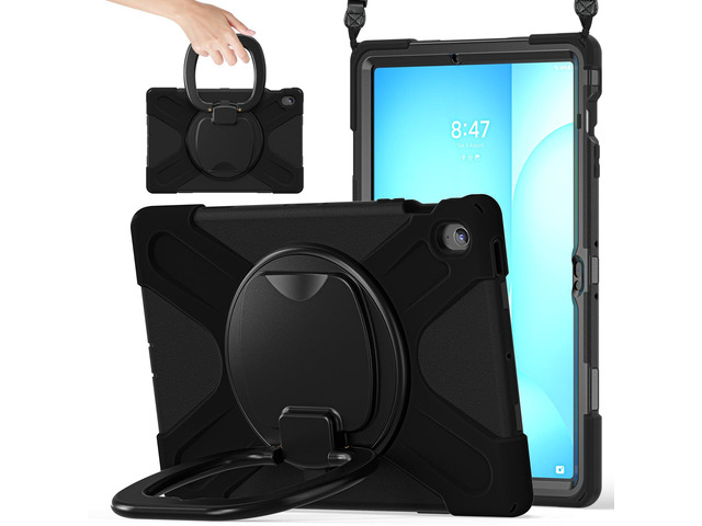 Rugged Silicone Cover with Handle Grip, 360° Kickstand, Strap & S Pen Holder for Samsung Galaxy Tab S10 FE+ 13.1 Inch 2025 (X620/X626B), Black