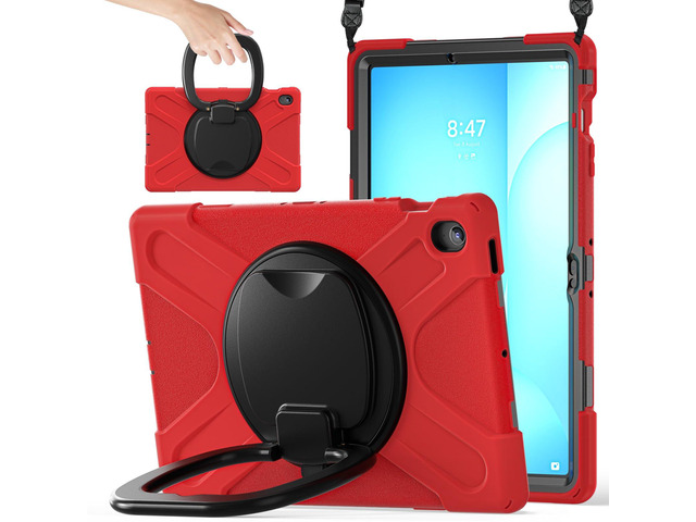 Rugged Silicone Cover with Handle Grip, 360° Kickstand, Strap & S Pen Holder for Samsung Galaxy Tab S10 FE+ 13.1 Inch 2025 (X620/X626B), Red
