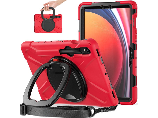 Rugged Silicone Cover with Handle Grip, 360° Kickstand, Strap & S Pen Holder for Samsung Galaxy Tab S10 Lite / S10 FE / S9 FE 10.9' / Tab S9 11',Red