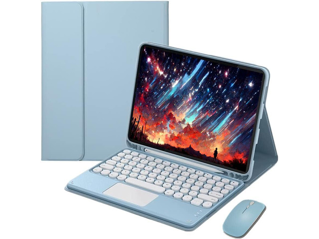 Touch Keyboard Case for iPad 9.7' (6th/5th Gen 2018/2017, Air 2/Air 1), Magnetically Detachable Bluetooth Keyboard with Mouse, Blue