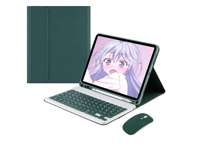 Detachable Wireless Bluetooth English Keyboard & Mouse Folio Case, Ultra-Slim Protective Cover with Pencil Holder and Adjustable Stand for 11-inch...