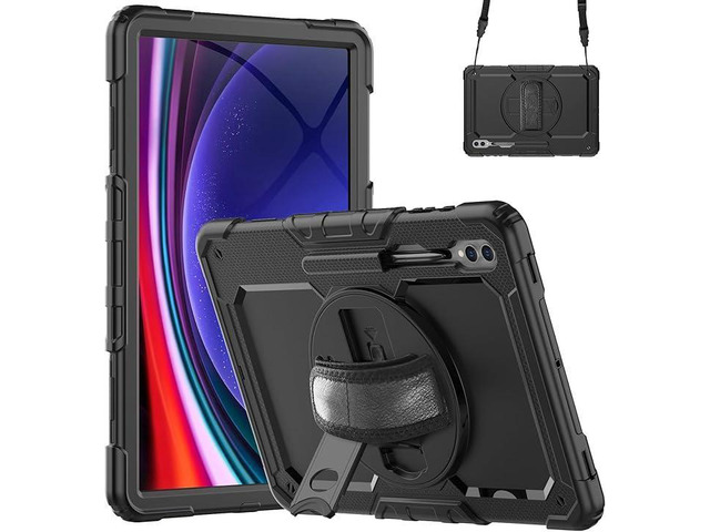 Heavy Duty Shockproof Protective Case with Screen Protector, 360° Rotating Stand, Hand & Shoulder Strap for Samsung Galaxy Tab S10 Ultra 14.6'' /...