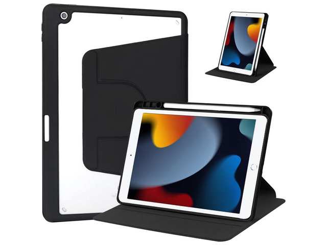 360° Rotatable Clear Acrylic iPad Case with Pencil Holder for 10.2' iPad 7th/8th/9th Gen (2019/2020/2021), Horizontal & Vertical Dual Stand (Black)