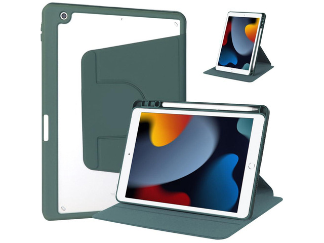 360° Rotatable Clear Acrylic iPad Case with Pencil Holder for 10.2' iPad 7th/8th/9th Gen (2019/2020/2021), Horizontal & Vertical Dual Stand(Green)