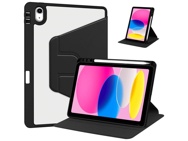 iPad 11th Gen 2025 (A16,11') 360° Rotating Case, Clear Acrylic Hard Back Cover with Pencil Holder, Portrait/Landscape Stand,Black