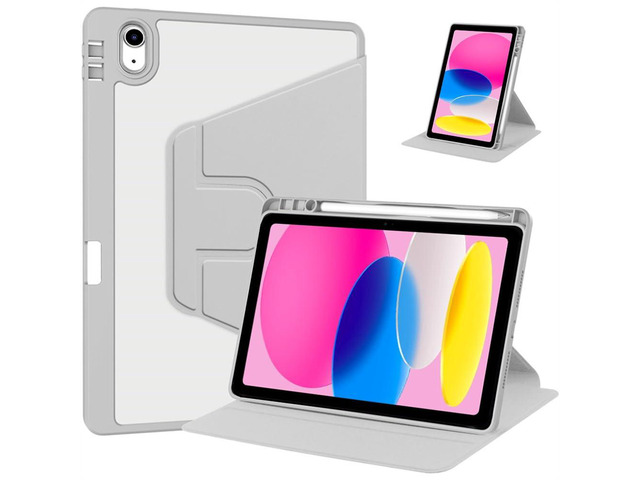iPad 11th Gen 2025 (A16,11') 360° Rotating Case, Clear Acrylic Hard Back Cover with Pencil Holder, Portrait/Landscape StandGray