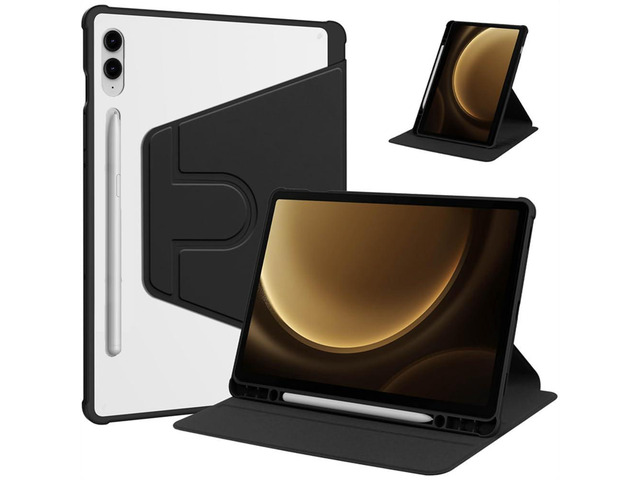 360 Rotating Clear Case for Samsung Tab S10 Plus / S9 FE Plus / S9 Plus 12.4', Hard Acrylic Back, Pencil Holder, Horizontal Vertical Stand,Black