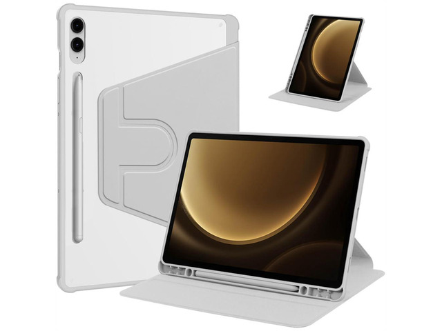 360 Rotating Clear Case for Samsung Tab S10 Plus / S9 FE Plus / S9 Plus 12.4', Hard Acrylic Back, Pencil Holder, Horizontal Vertical Stand,Gray