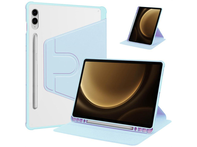 360 Rotating Clear Case for Samsung Tab S10 Plus / S9 FE Plus / S9 Plus 12.4', Hard Acrylic Back, Pencil Holder, Horizontal Vertical Stand,Sky Blue