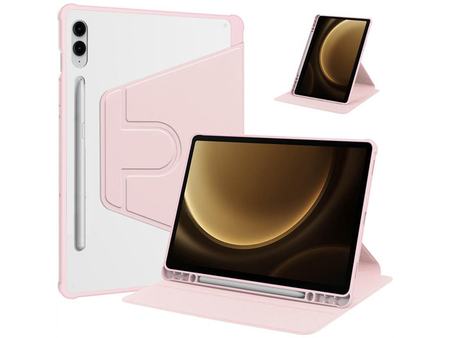 360 Rotating Clear Case for Samsung Tab S10 Plus / S9 FE Plus / S9 Plus 12.4', Hard Acrylic Back, Pencil Holder, Horizontal Vertical Stand,Pink