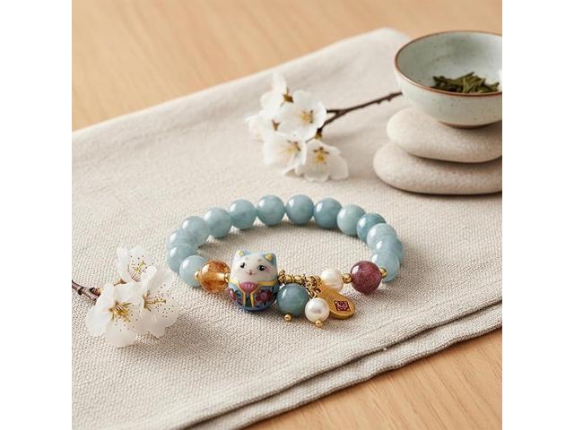 Blue Crystal Luck Cat Bracelet and Ceramic Cat Ornament, Feng Shui Good Luck Jewelry for Women,Wealth & Protection Bracelet,Cute Gifts for Cat Lovers