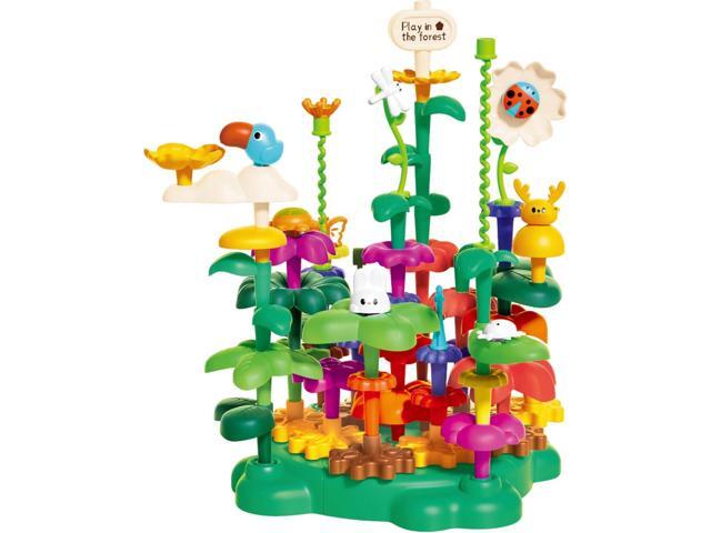 Rotating Garden Building Blocks STEM Toys for Kids Ages 3-5, 74 PCS Educational Construction Kit with Gears, Animal Figures & Baseplate, Preschool.