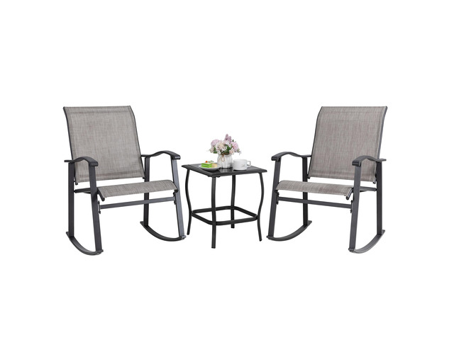 3 Piece Rocking Bistro Set, Outdoor Furniture with Rocker Chairs and Glass Coffee Table Balcony, Porch Furniture for Small Space, Gray