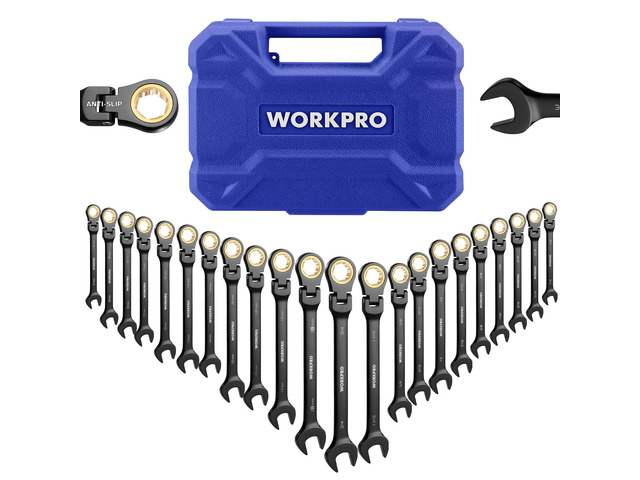 22-piece Ratcheting Wrench Set with 180° Flex Head, Anti-Slip Metric 6-18mm & SAE 1/4-3/4', Organizer Box, Black Electrophoretic Coating, for Home...