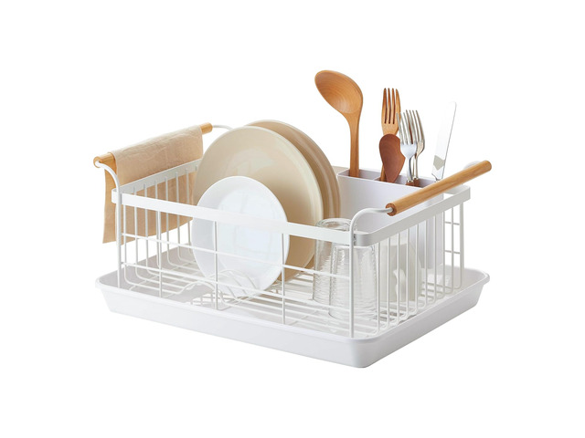 Home Dish Drying Rack Modern White Dish Rack for Kitchen Counter with Removable Drying Tray and Cutlery Holder, Steel + Wood Dish Drying Organizer...