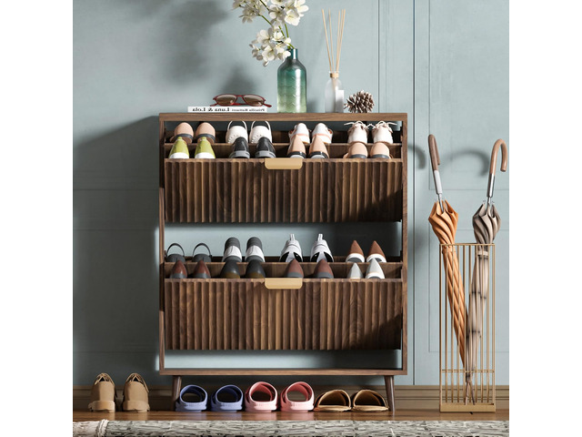 Shoe Cabinet Storage, Modern Freestanding Organizer with 2 Flip Drawers, Narrow Shoe Rack for Entryway, Walnut