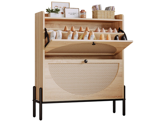 Rattan Shoe Cabinet Storage with 2 Flip Drawers, Oak Free Standing Wooden Shoe Storage Organizer Cabinet with Rattan Doors for Entryway, Narrow...