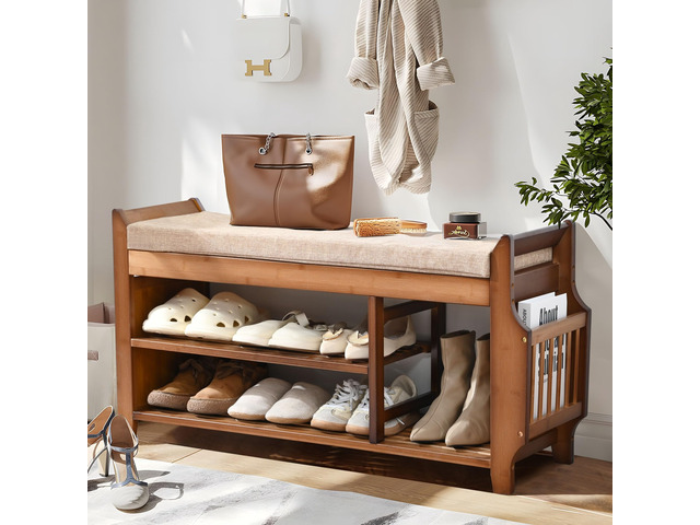 Shoe Bench with Hidden Drawer and Side Holder, 2 Tier Entryway Bench with Storage 39.4 in, Bamboo Shoe Rack with Cushion for Entryway Hallway...