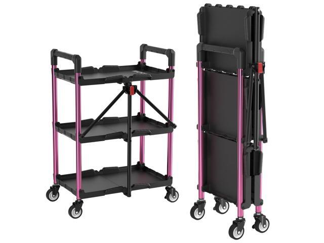 3-Tier Collapsible Service Cart, Black/Pink, 210 LBS Foldable Utility Cart with Wheels, Portable Rolling Tool Cart for Garage, Warehouse, Home,.