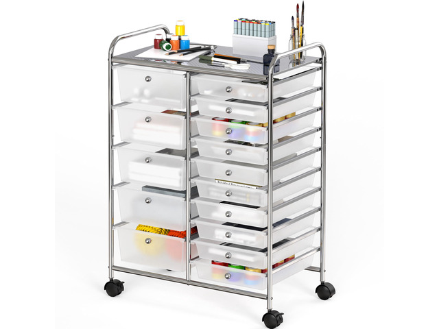 15 Drawers Rolling Utility Cart Art Craft Storage, Chrome 2-Column, 35.8' Height, Lockable Wheels, for School, Office, Art Craft, and Paper Storage