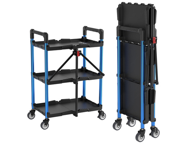 3-Tier Collapsible Utility Cart, 210 LBS Cart with Wheels No Assembly Required, Foldable Service Cart with Spacious Shelves for Garage, Warehouse,...