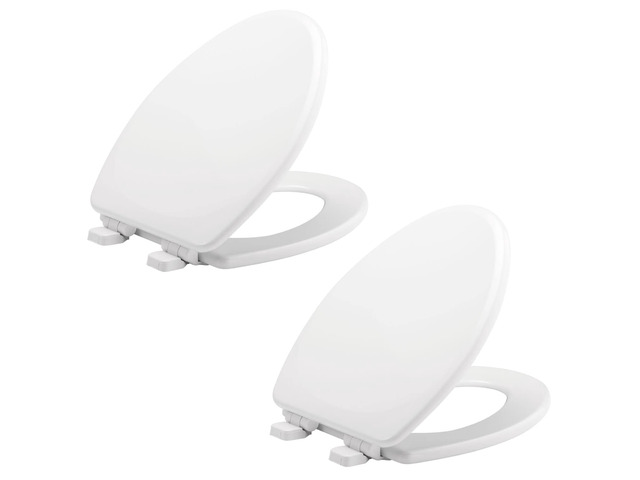 Linden Slow Close Toilet Seat, Non Slip Heavy Duty Wood, Easy Install, Made in USA, Elongated, White, 2 Pack