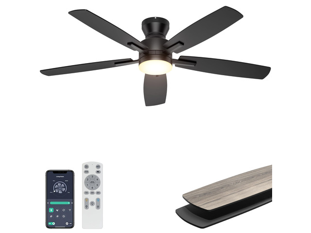52'' Low Profile Ceiling Fan with Lights, Remote/APP Control, Black Flush Mount, Dimmable 3CCT LED, Quiet Reversible DC Motor; Memory Function,...