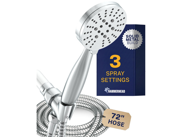 Solid Metal 3-Spray Handheld Shower Head with Long Hose and Holder - CHROME - 2.5 GPM High Pressure Shower Head with Handheld Sprayer - WIDE,...