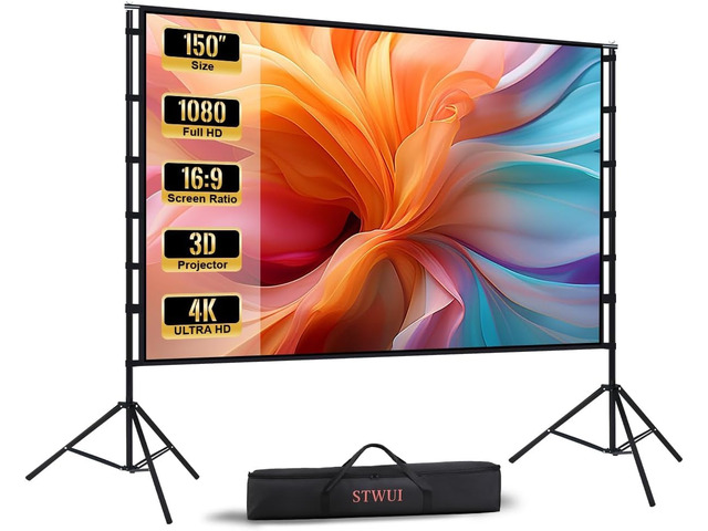 Projector Screen with Stand - 150 Inch Portable Projector Screens Outdoor Indoor Projector Screen 16:9 4K HD Outdoor Movie Screen with Carry...