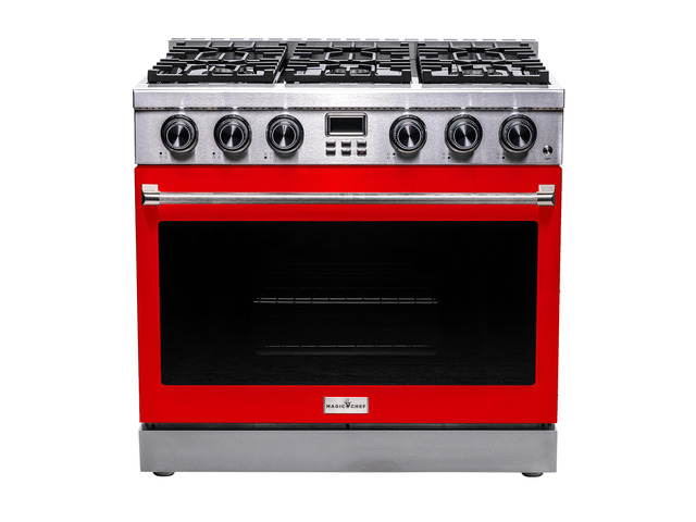 Pro-Style 36 in. 6-Burner Slide-in Gas Range with Convection in Stainless with Red Door