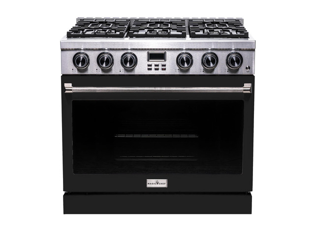 Pro-Style 36 in. 6-Burner Slide-in Gas Range with Convection in Stainless with Black Door
